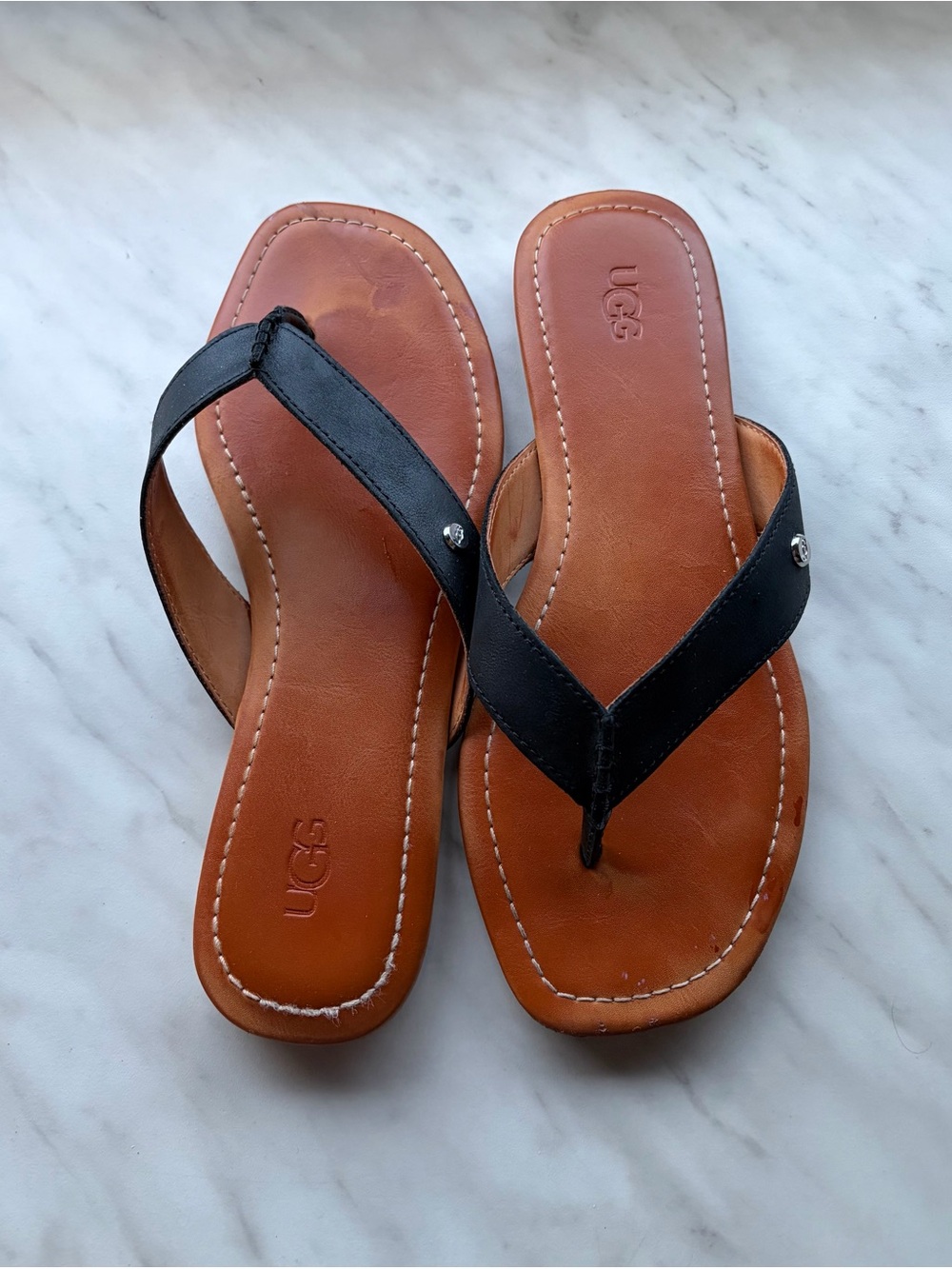 UGG Women's Black Strap Tan Footbed Leather Flip Flops
